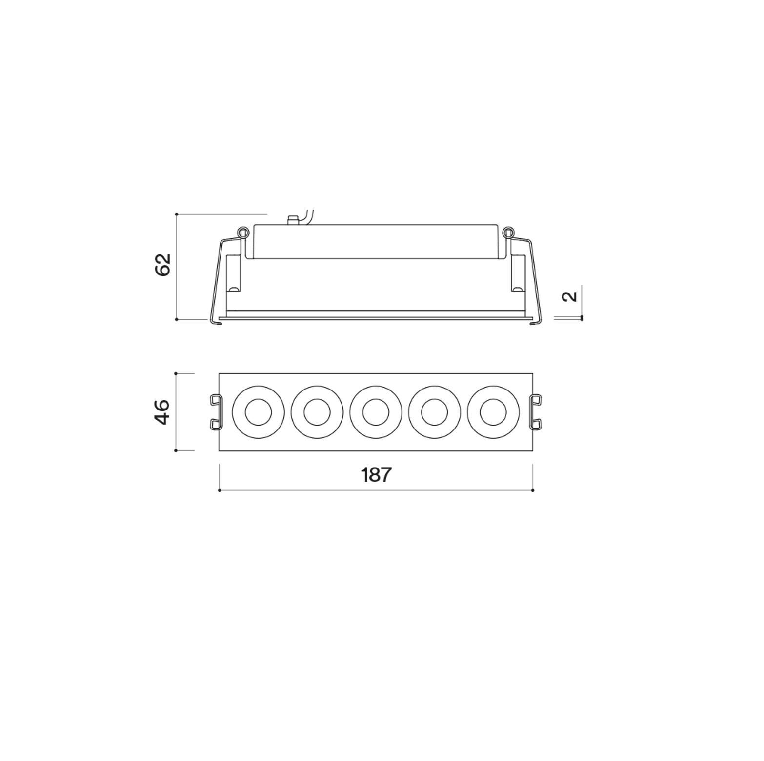 Tod 5, downlight met 5 lichtpunten afmetingen 187 x 46 x 62 mm