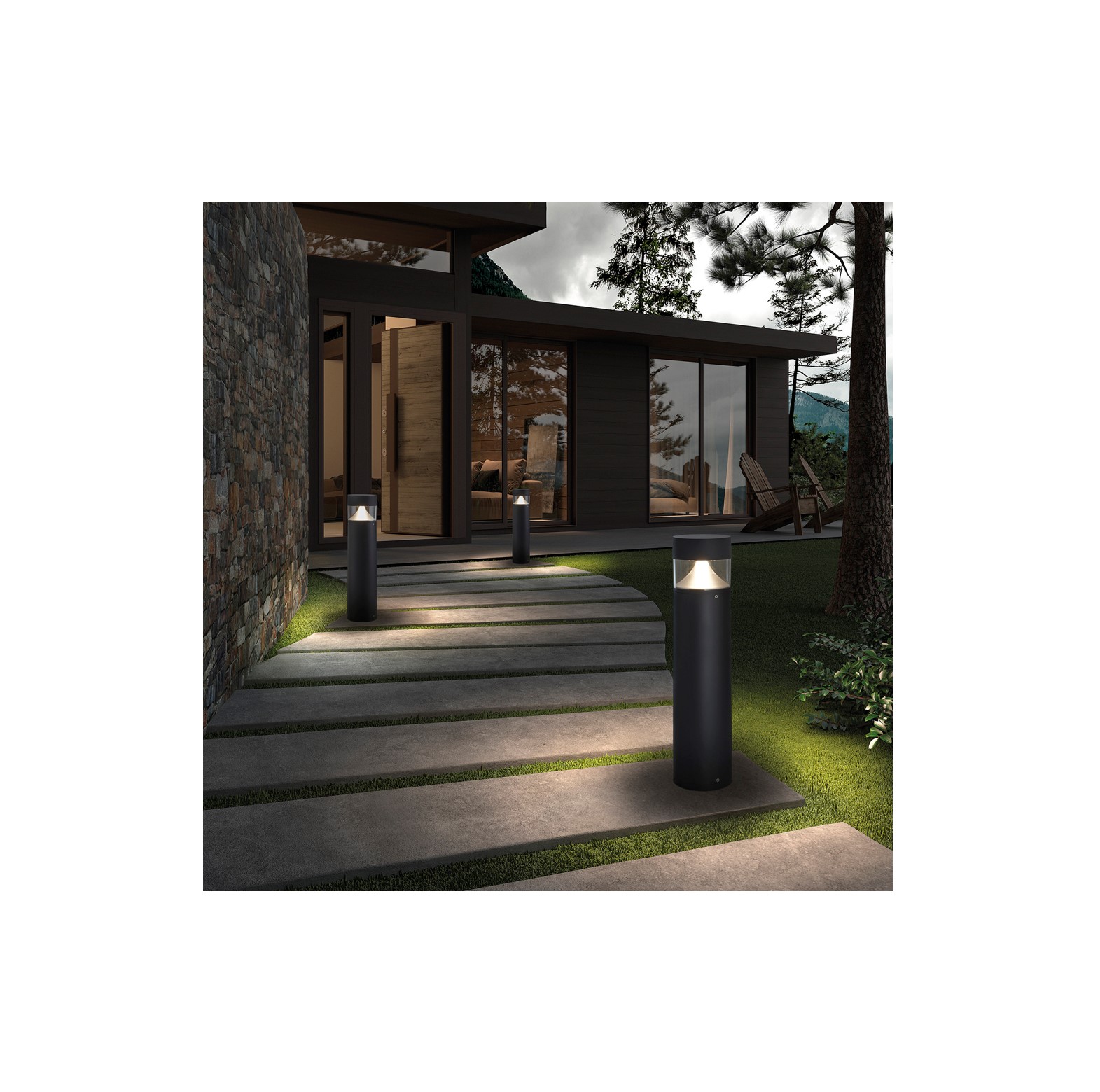 Lichtzuil Bollard Bindella langs voetpad in de tuin